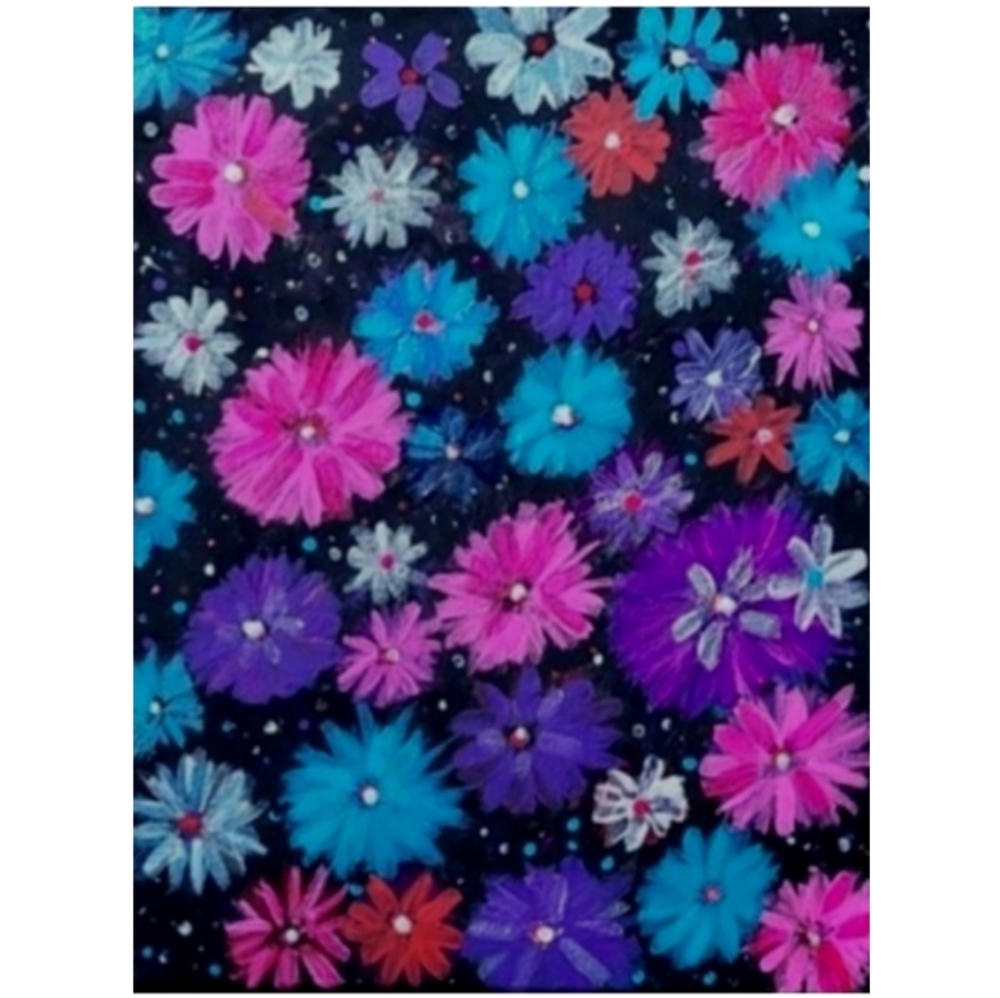 Hand Crafted Vibrant Floral Painting  Pink  Blue and Purple 11x14 Inches